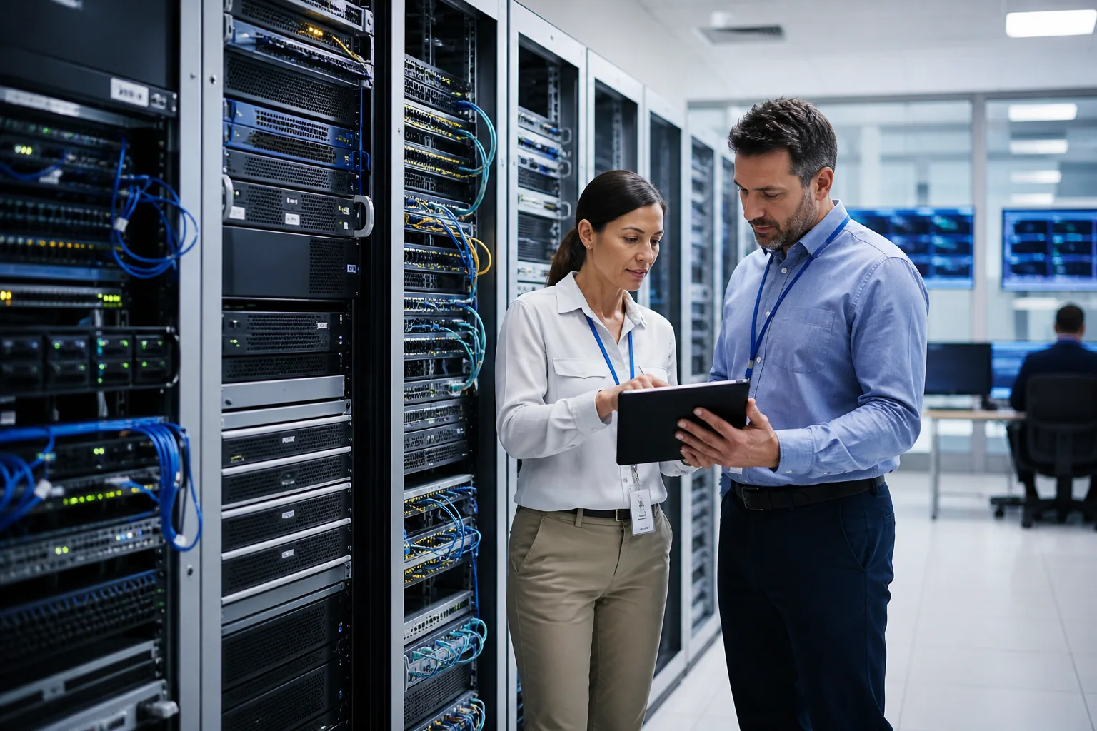 Technology infrastructure specialists reviewing secure enterprise hardware